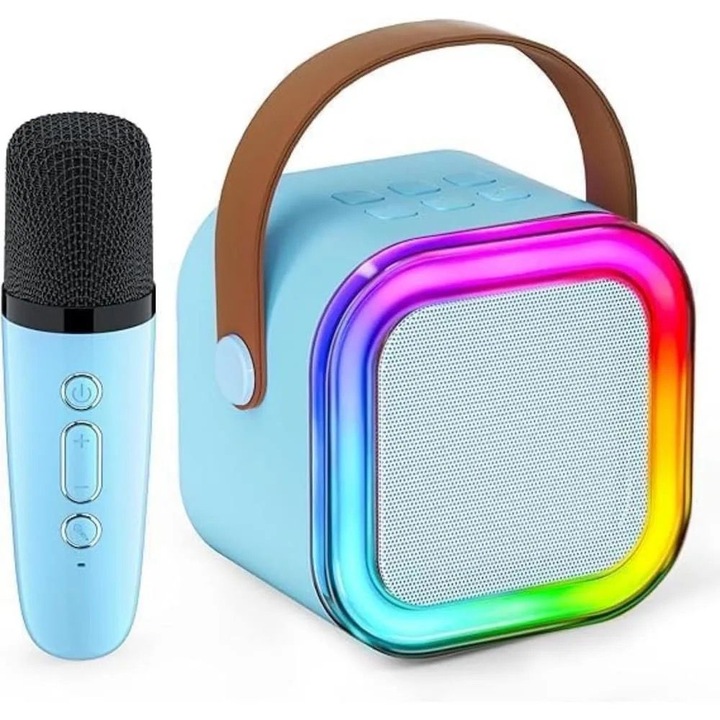 Boxa portabila Karaoke pentru copii, cu microfon wireless, conexiune Bluetooth, cu jocuri de lumini RGB, albastru