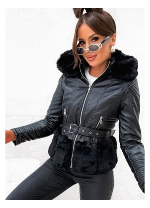 Jacheta eleganta din piele ecologica cu detalii din blana, gluga detasabila, negru