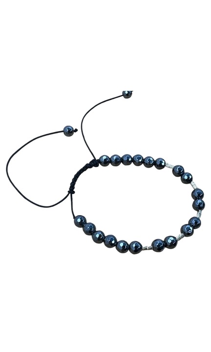 5 db 14 karátos aranyból és 22 db természetes hematitból készült gyöngyös karkötő, fazettált, állítható zsinóron