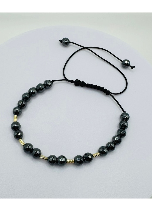 Bratara cu 5 tuburi din Aur de 14 K si 22 Hematite naturale, fatetate, pe snur reglabil