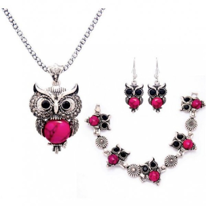 Set femei colier, bratara si cercei model bufnita Coral visiniu