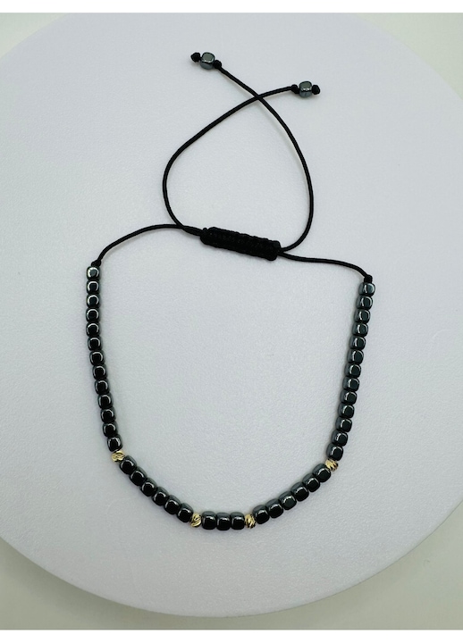 Bratara cu 4 bile din Aur 14 K si Hematite naturale, pe snur reglabil