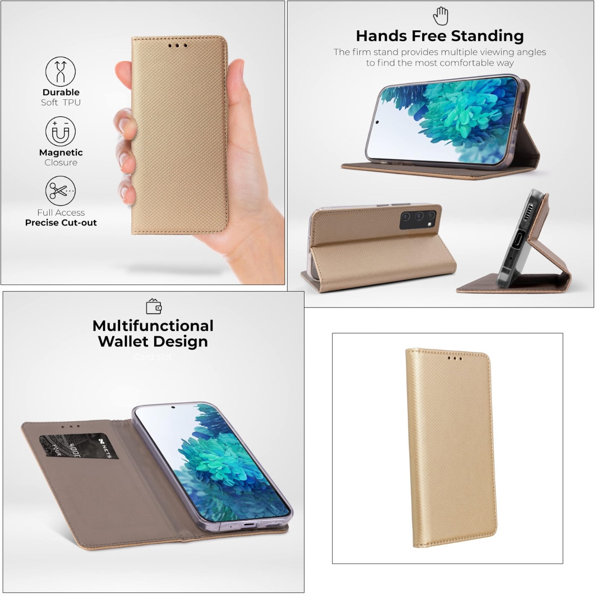 Husa tip carte, compatibila cu Samsung Galaxy A06, premium flip book cu inchidere magnetica si functie stand, buzunar card, auriu Auriu Flip cover