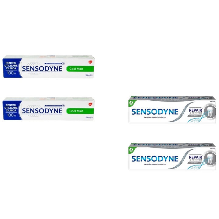 Комплект 4 x Sensodyne Variety, 2 x паста за зъби 100 ml Cool Mint, 2 x паста за зъби 75 ml Repair Protect Whitening, силни антимикробни свойства, намаляване на зъбната плака, намалява възпалението на венците, свеж дъх, антисептични свойства