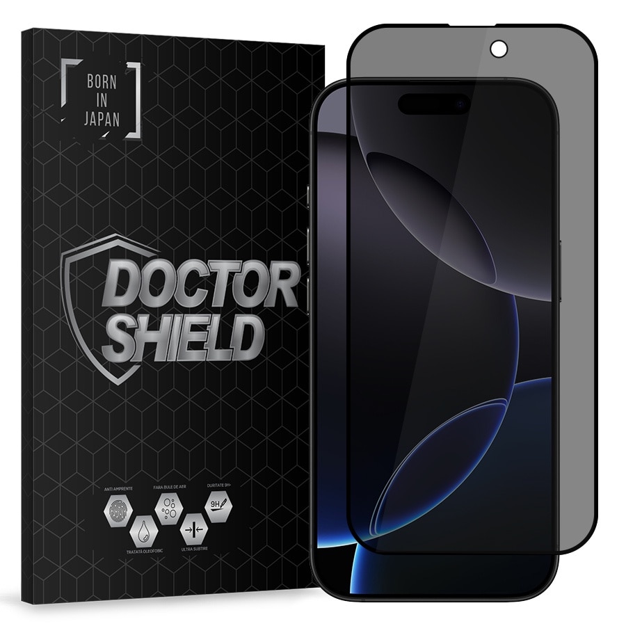 Folie Sticla Dr.Shield, Compatibil Apple iPhone 16 Pro, Protectie Profesionala 3D, Full Cover, Model Privacy