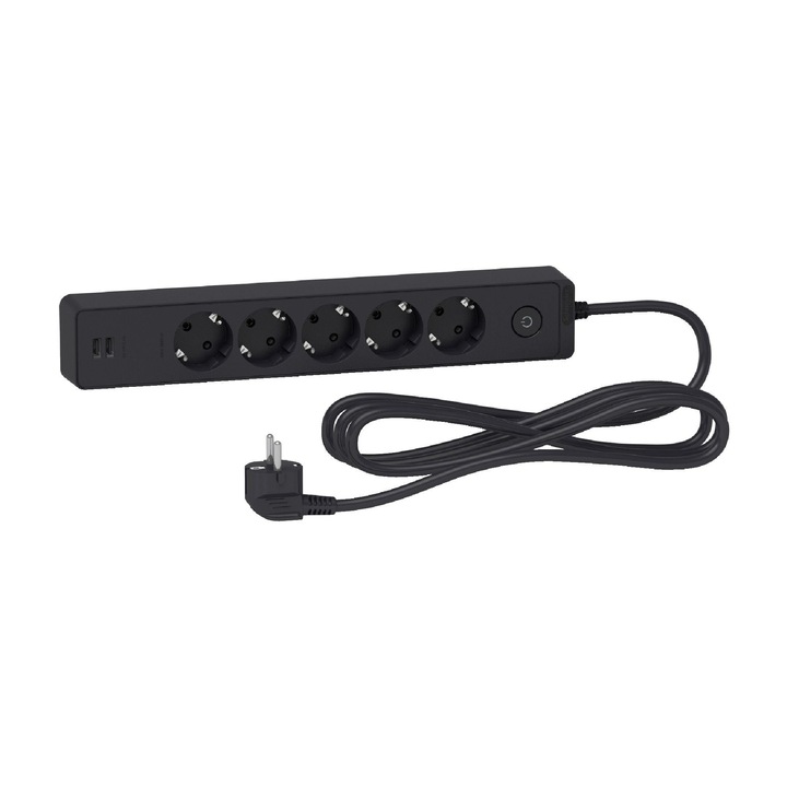 Удължител Schneider с ключ, 3 гнезда и 2 USB, 3680 W, 3 м, черен