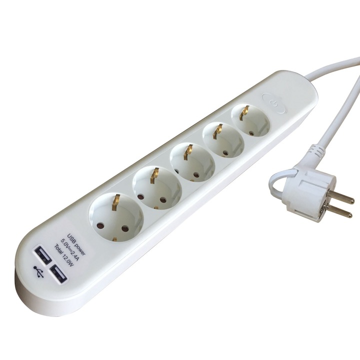 Удължител Lexman, IP20, 5 гнезда, 2 USB, 3 x 1.5 mmp, 3680 W, 1.5 m, бял