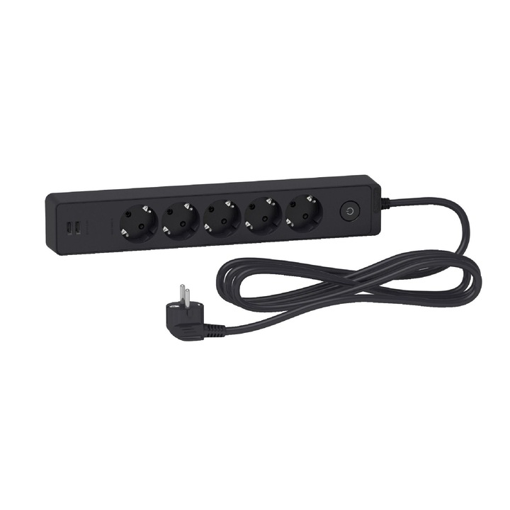 Prelungitor cu fir Schneider cu intrerupator, 5 prize si 2 USB, 3680 W, 3 m, negru
