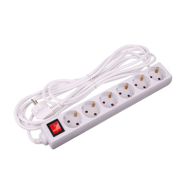 Удължител Strohm, IP20, 6 гнезда, 3 x 1 mmp, 2300 W, 5 m, бял