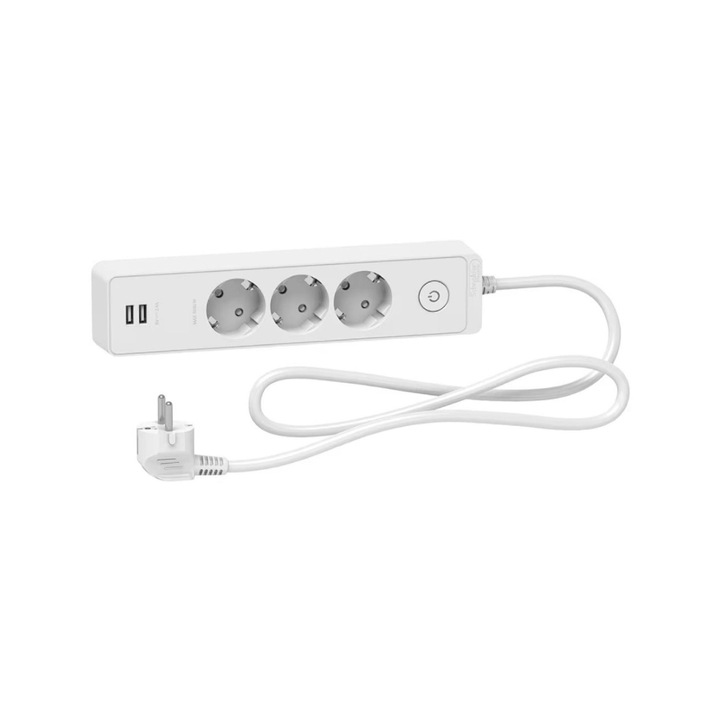 Удължител Schneider, с ключ, 3 гнезда и 2 USB, 3680 W, 1,5 м, бял