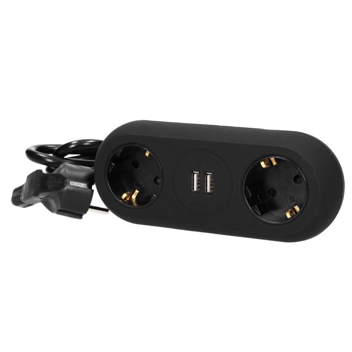Удължител Orno, IP20, 2 гнезда, 2 USB, 3 x 1.5 mmp, 3680 W, 1.4 m, черен