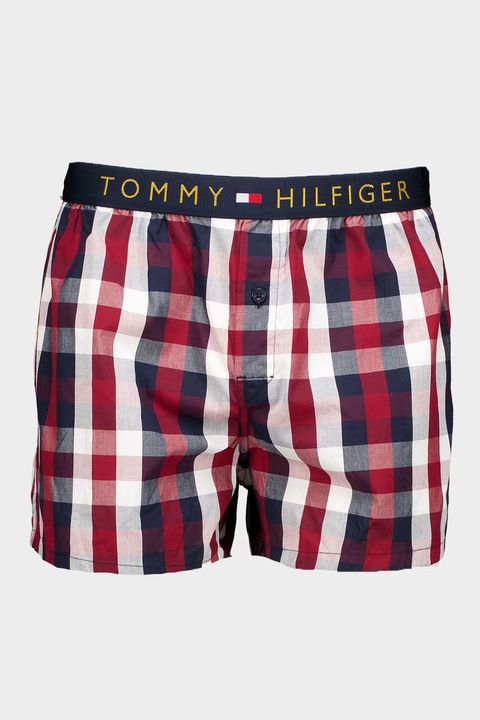 Tommy Hilfiger, Set de boxeri cu model in carouri si banda logo in talie, Rosu/Alb/Bleumarin, M