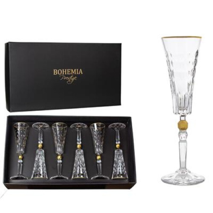 Комплект 6 чаши за шампанско Conte Gold, Bohemia Prestige, кристал, 170 мл, 24.4 см, прозрачен / златист