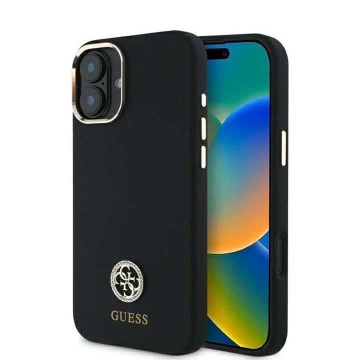 Калъф за iPhone 16 - Guess Silicone Logo Strass 4G (GUHCP16SM4DGPK) - Черен