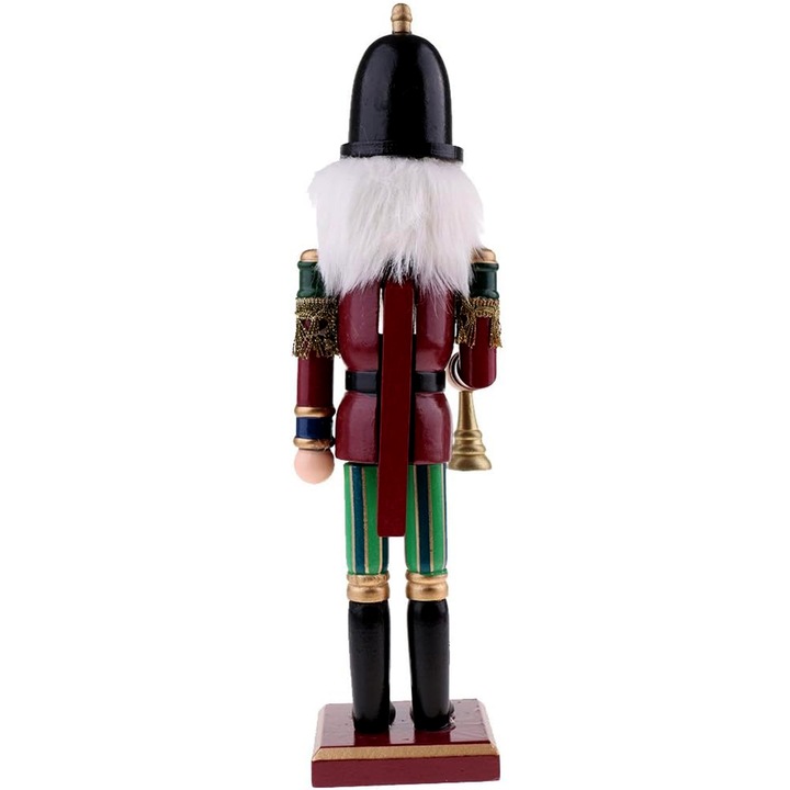 Spargator de nuci de Craciun, 30 cm inaltime, caracter ornamental, material lemn, realizat manual, rosu multicolor, Figurina Clasica cu Design Festiv, culori calde, decoatiune potrivita interior si exterior, model Trompetist Garda Reginei