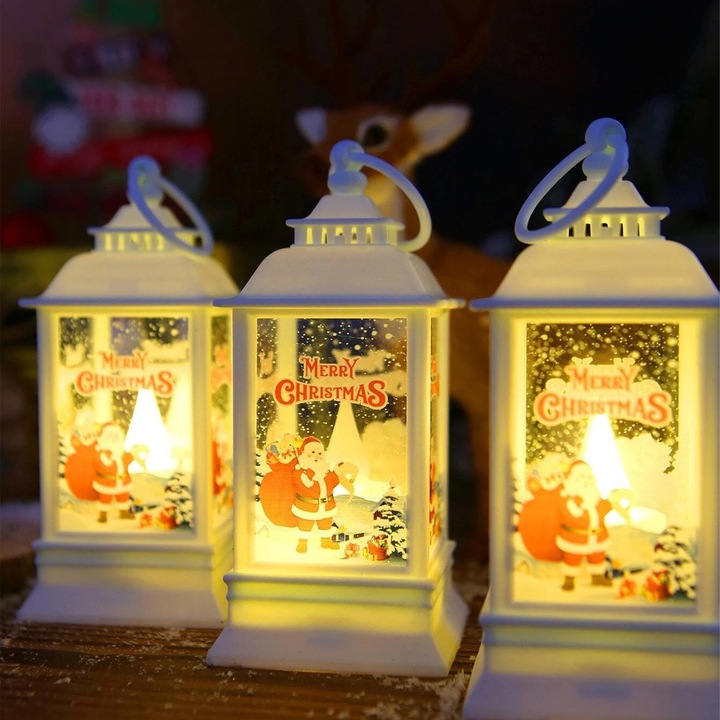Set 3 Felinare Decorative de Craciun - Lampa Vintage de Sarbatori cu Lumini Calde, Design Clasic, Realizat din Plastic Durabil, Ideal pentru Decoratiuni Interioare si exterioare – 14 cm h, baterie AG13, alb multicolor, motiv Mos Craciun, Ren, Om de zapada