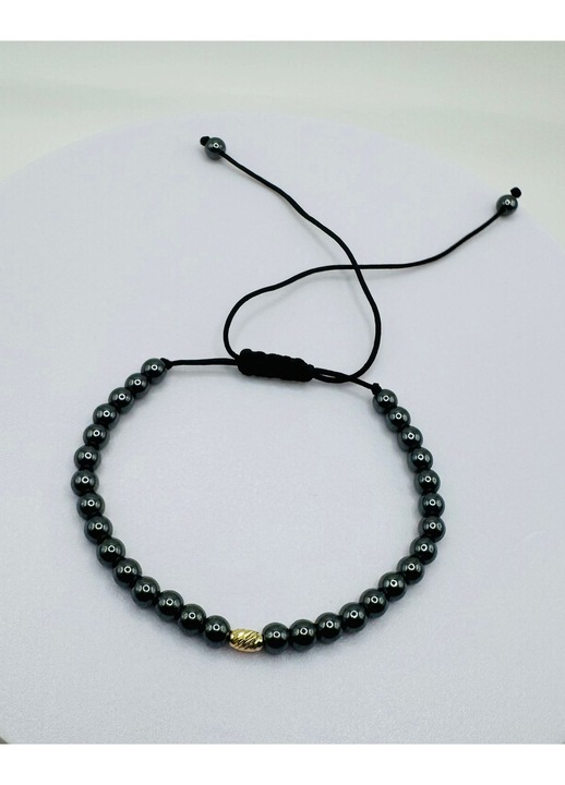 Bratara cu cilindru 3x5 mm din Aur 14k si pietre semipretioase Hematit gri rotund, adjustabila