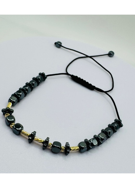 Bratara cu 8 elemente din Aur 14 k si Hematite, pe snur cu lungime adjustabila