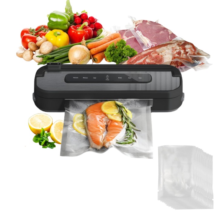 Aparat de vidat si sigilat Luxena, Negru, Vidare umeda si uscata, Latime de lucru 30 cm, 10 pungi incluse, 120W, Control tactil, Functie automata de vidare, panou de comanda tactil, cutter pentru role