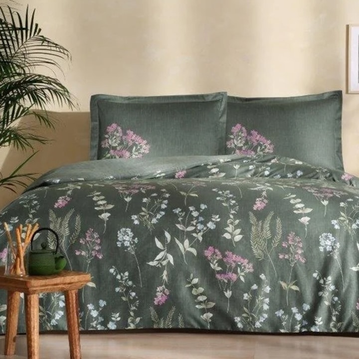 Lenjerie de pat pentru 2 persoane, TAC, Ruth, Verde, Satin Deluxe, 6 piese