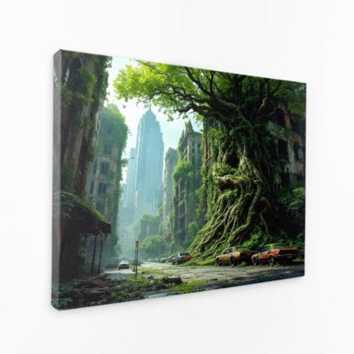 Картина на платно - Изоставени коли под корените на дърветата - 70x100 cm