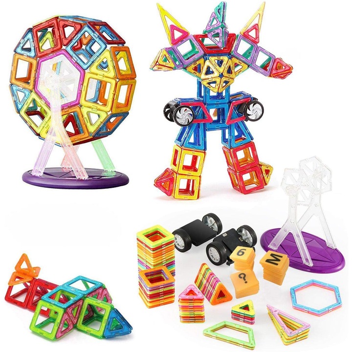 Set cu blocuri pentru constructie Magneti de jucarie cu 125 de Piese multicolore, Blocuri Magnetice, dezvolta imaginatia si abilitatile motrice, numeroase posibilitati de construit
