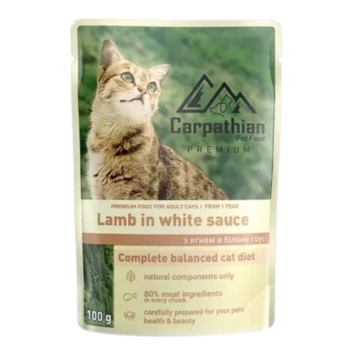Carpathian Cat Food Pouch, Premium Adult, с агнешко в бял сос, 100 гр