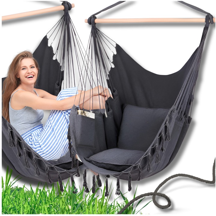 Fotoliu Suspendat, Omna, Usor De Asamblat, Buzunar Pentru Carte Si Telefon, Durabil, 130 cm x 100 cm, Grafit/Ecru