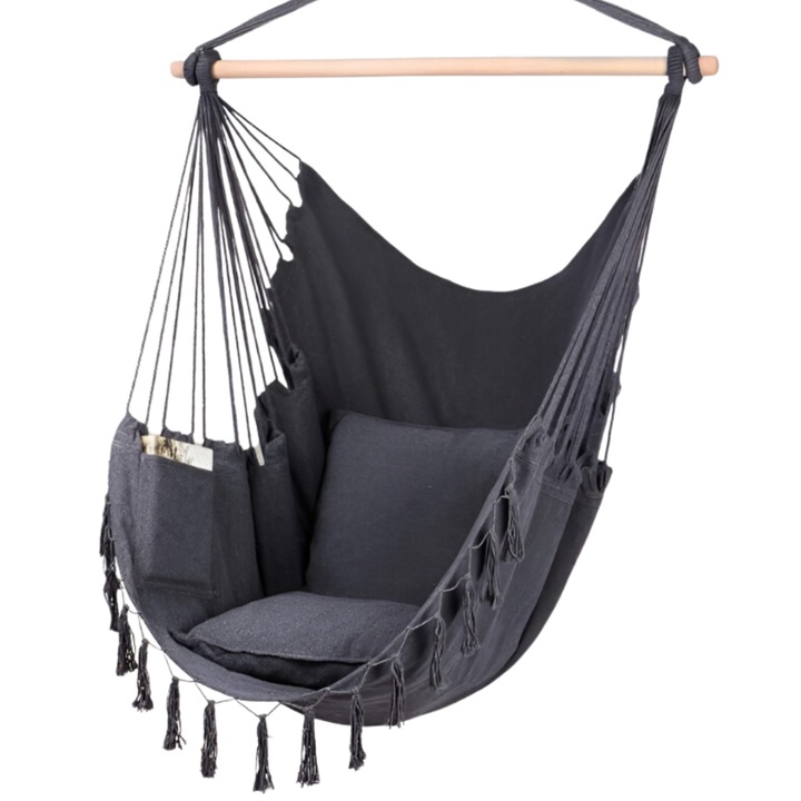 Függesztett fotel, Omna, Könnyen összeszerelhető, Könyv- és telefonzseb, Tartós, 130 cm x 100 cm, Grafit/Ecru