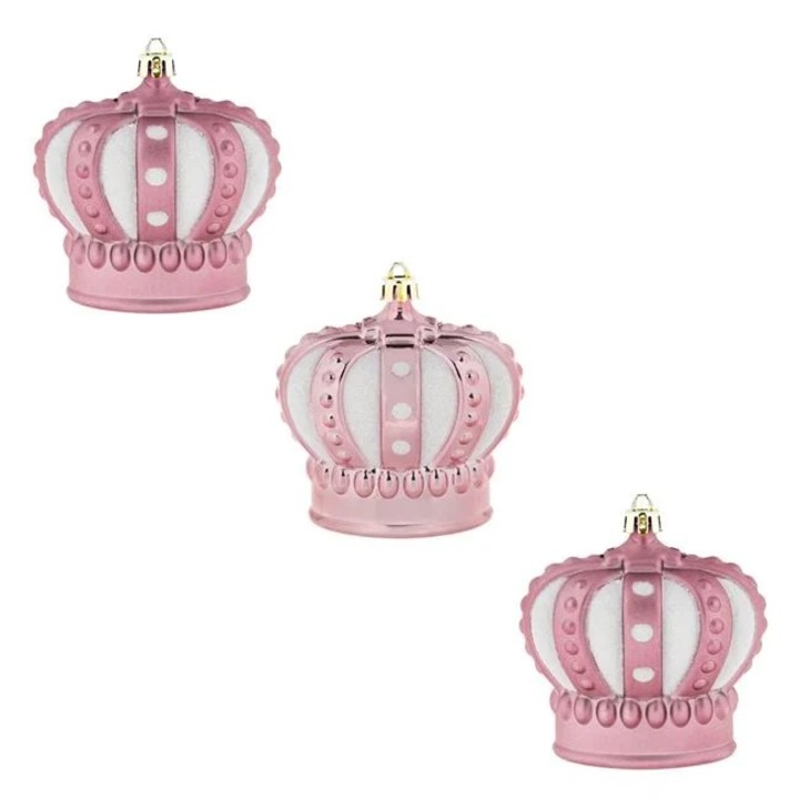 Set 3 ornamente Craciun Antbro® in forma de coroana, roz lucioase si mat, cu glitter alb holografic, 8cm