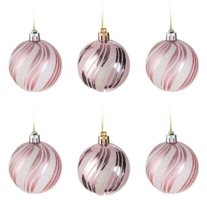 Set 6 globuri Craciun Antbro® roz, mate si lucioase irizate cu glitter, 6cm