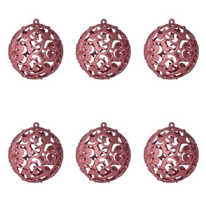 Set 6 globuri Craciun Antbro® perforate de culoare roz aurie cu glitter., 6cm