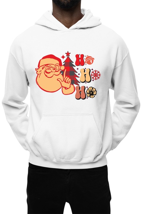 Hanorac barbati cu imprimeu, Craciun - HO HO HO Happy Santa, Bumbac, Alb, Alb