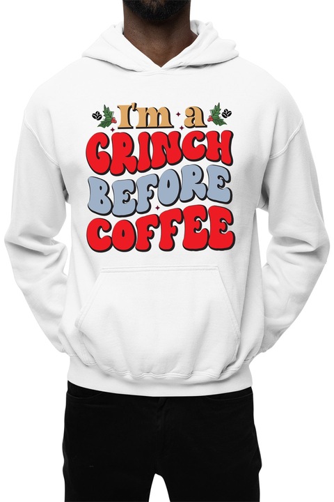 Hanorac barbati cu imprimeu, Craciun - I’m a Grinch Before Coffee, Bumbac, Alb, Alb