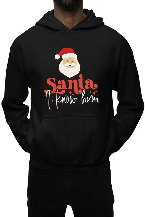 Hanorac barbati cu imprimeu, Craciun - Santa, I Know Him, mix 1, Negru
