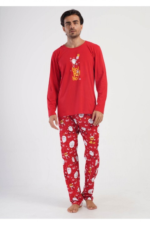 Ferfi karacsonyi pizsama, minosegi pamut, piros Ho Ho Ho 8280, Piros