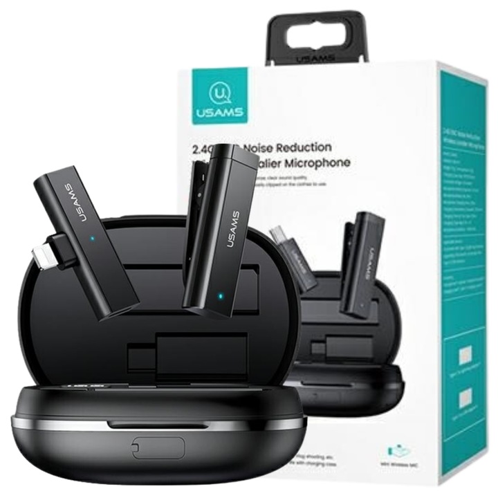 Microfon tip lavaliera wireless USAMS ZB244, 2.4G, negru