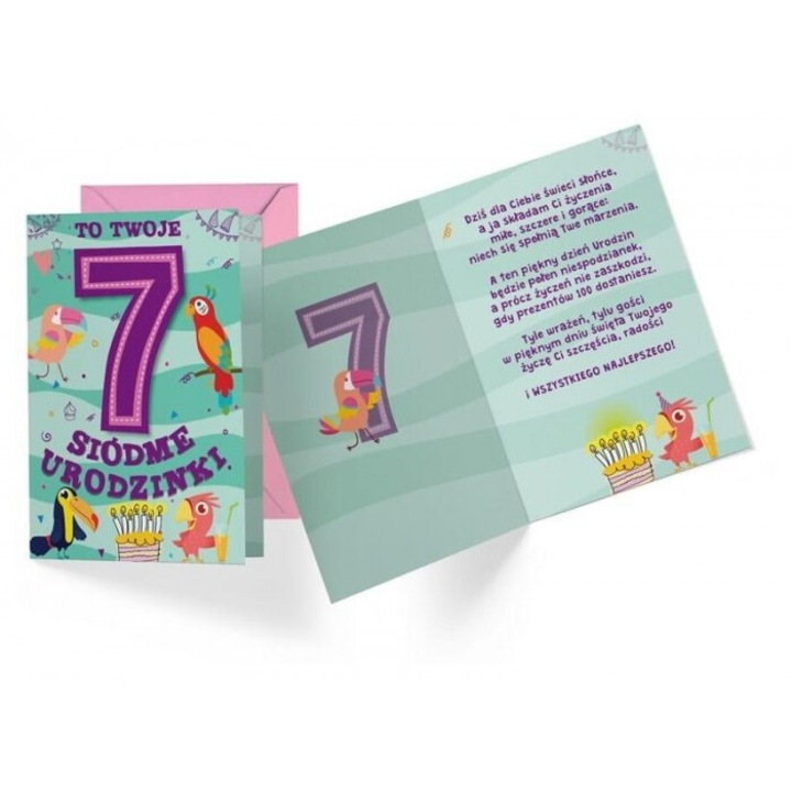 Karnet B6 Urodziny 7, Kukartka, 16.6x11.7cm, cu decoratiuni metalice si perlate, cu plic inclus