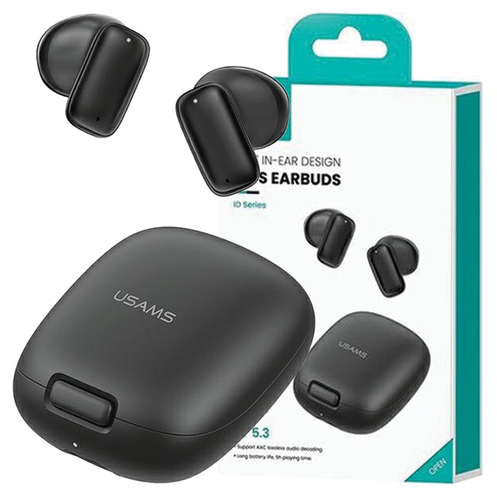 Casti Wireless USAMS TWSID, 3D stereo, reducere zgomot, negru, dimensiuni etui 33x5x5.5cm