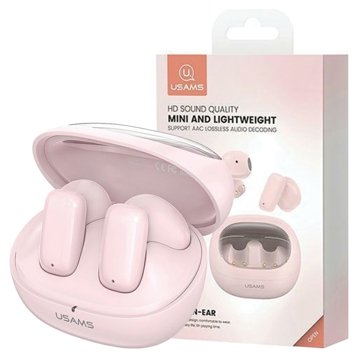USAMS TWSTD vezeték nélküli fülhallgató, rózsaszín, Bluetooth 5.3, 5 óra lejátszási idő, 13 mm-es hangszóró