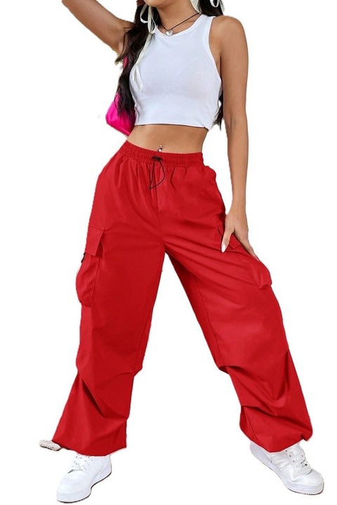 Pantaloni Cargo Dama, Cu Buzunare Cu Clapeta Si Talie Inalta, Negru, Rosu