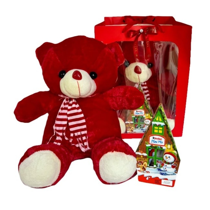 Pachet pentru indragostiti, Christmas Time, ursulet de plus 36 cm si cutie cu dulciuri, in forma de brad, Rosu, Velve