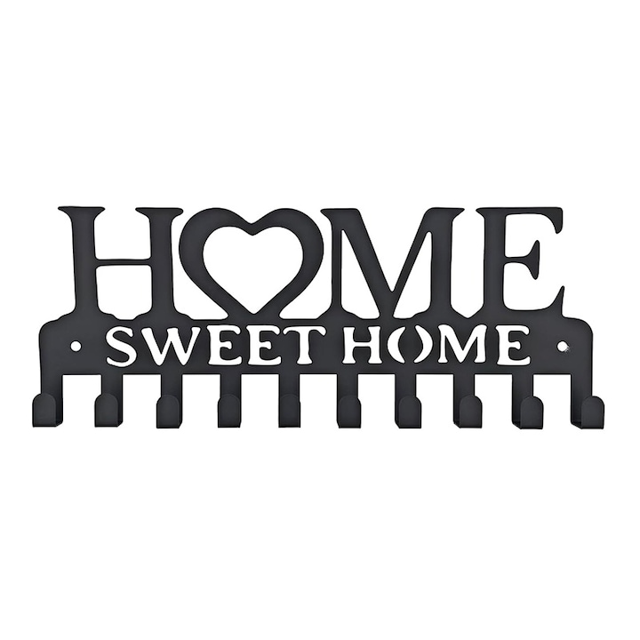 Cuier metalic pentru perete, BOMSTOM, 10 agatatori, design 'Home Sweet Home', negru, 25x9.5cm