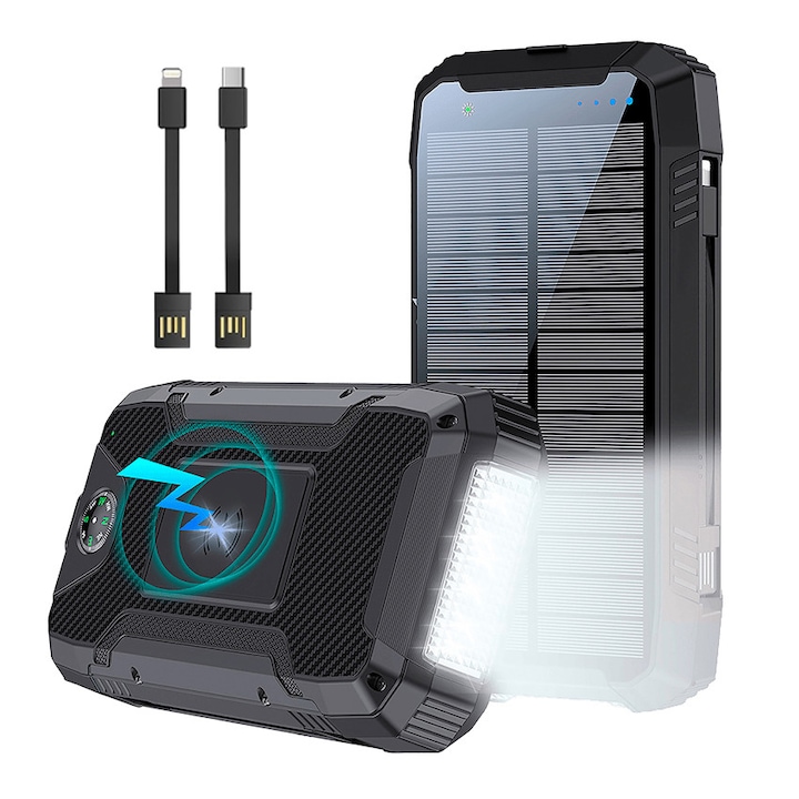 Външна Соларна Батерия Linomag, Power Bank 20000 mAh, 4 USB порта, Бързо зареждане PowerBank, 2 вградени кабела, водоустойчива, с компас и фенерче, Черен