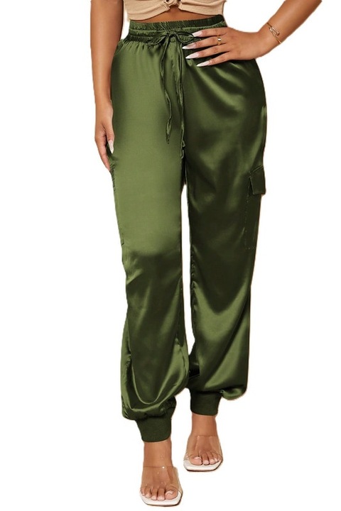 Pantaloni Dama, Casual, Buzunare Laterale, Din Satin, Cu Talie Cu Siret, Verde inchis