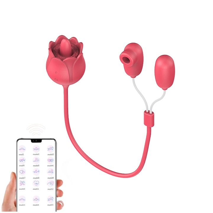 Vibrátor, 12 frekvencia, mágneses töltés, app távirányító, szilikon, szagtalan, nyelvnyalogató, szopás, tojásvibrátor, 3 az 1-ben, rózsaszín