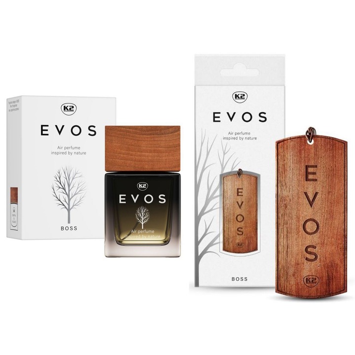 Pachet Complet Odorizant Auto K2 EVOS BOSS: Pandantiv Lemn + Parfum Spray 50ml, Aroma Lemnoasa (Trandafir, Argan, Patchouli)