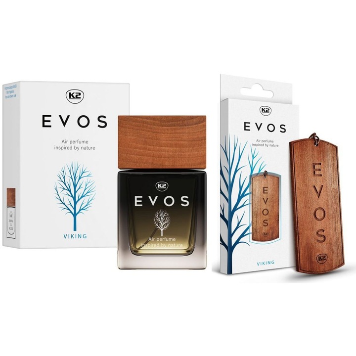 Pachet Complet Odorizant Auto K2 EVOS VIKING: Pandantiv Lemn + Parfum Spray 50ml, Aroma Acvatica (Lime, Flori de Apa, Mosc)