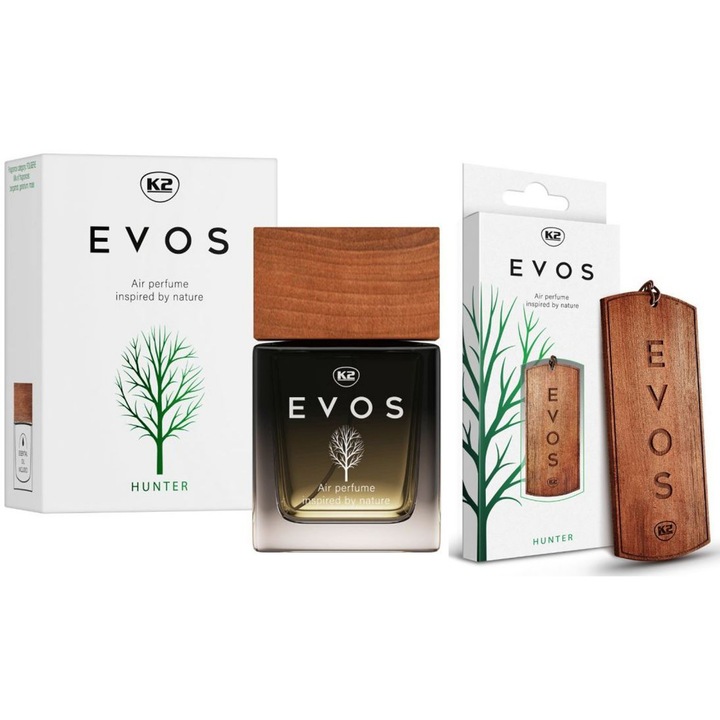 Autós parfüm csomag K2 Evos Hunter 50 ml + fa függő autó légfrissítő K2 Evos Hunter (Férfi)