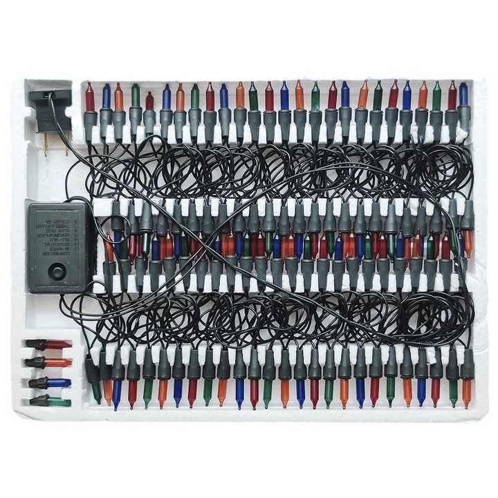 Vintage 90-es évekbeli stílusú többszínű karácsonyi fényfüzér, 8 világítási móddal, 140 izzóval, 12 m hosszú